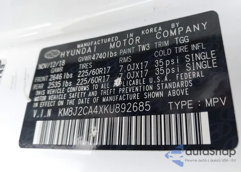 2019 Hyundai Tucson Se из США, поврежденный, VIN KM8J2CA4XKU892685